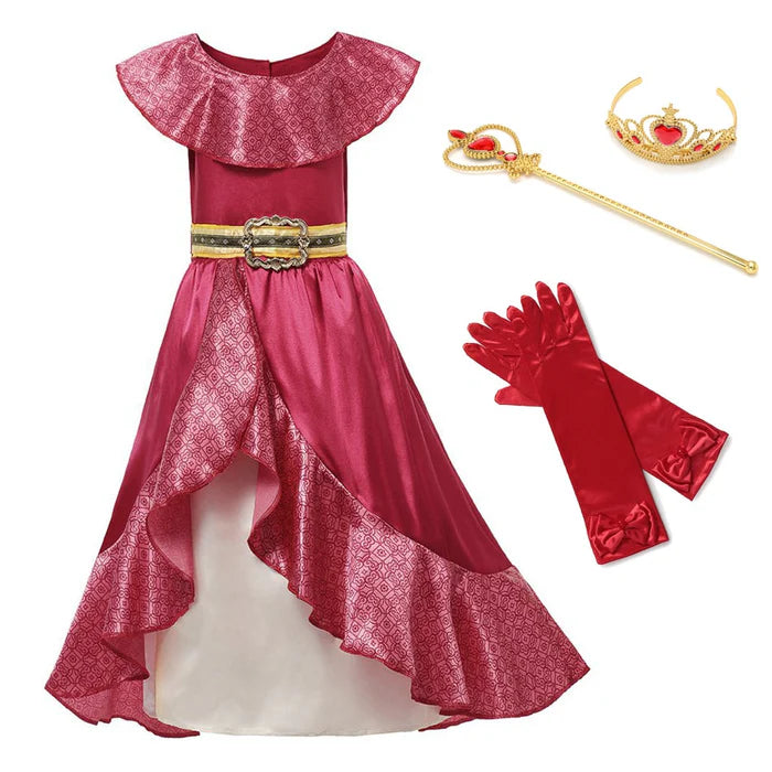Fantasia Infantil Vestido Princesa Vermelha Real com vestido, coroa, luva e varinha em poliéster e algodão, perfeita para festas e brincadeiras.