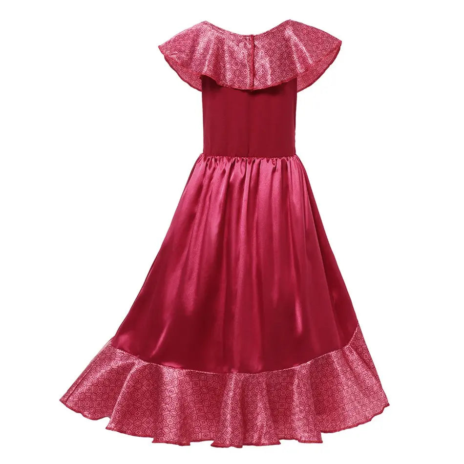 Fantasia Infantil Vestido Princesa Vermelha Real com vestido, coroa, luva e varinha em poliéster e algodão, perfeita para festas e brincadeiras.