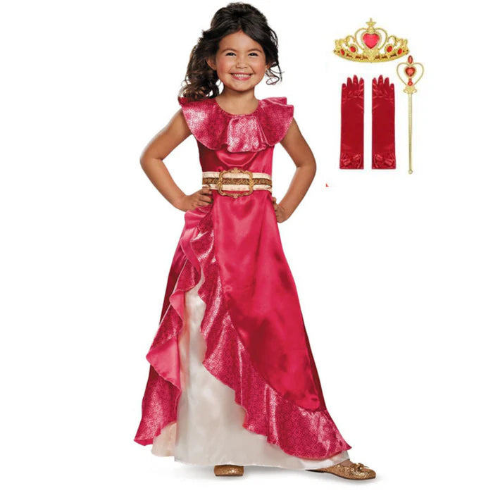 Fantasia Infantil Vestido Princesa Vermelha Real com vestido, coroa, luva e varinha em poliéster e algodão, perfeita para festas e brincadeiras.