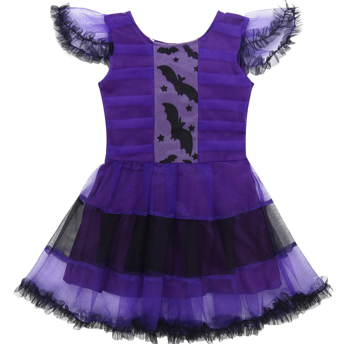 Fantasia Infantil Vestido Vampira Roxa Encantada com vestido, capa e arquinho em malha e poliéster, perfeita para festas, brincadeiras e aventuras.