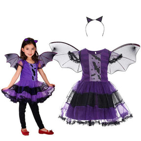 Fantasia Infantil Vestido Vampira Roxa Encantada com vestido, capa e arquinho em malha e poliéster, perfeita para festas, brincadeiras e aventuras.