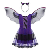 Fantasia Infantil Vestido Vampira Roxa Encantada com vestido, capa e arquinho em malha e poliéster, perfeita para festas, brincadeiras e aventuras.