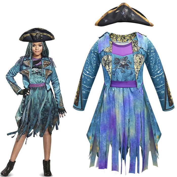 Fantasia Infantil Vilã Encantada com vestido, chapéu e luvas, ideal para festas infantis e brincadeiras cheias de imaginação.