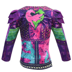 Fantasia Infantil Vilã Fashion Roxa Encantada com jaqueta, camiseta, calça e luvas em poliéster e malha, perfeita para festas e brincadeiras criativas.