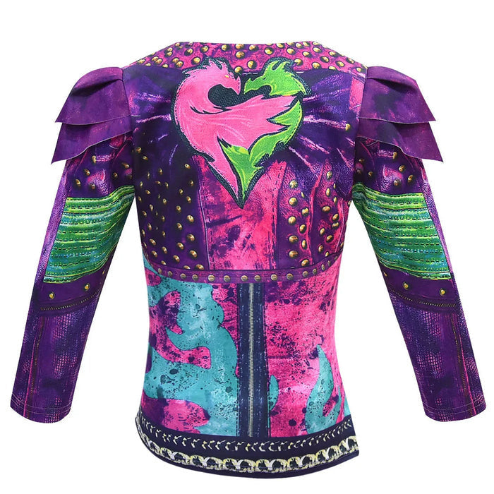 Fantasia Infantil Vilã Fashion Roxa Encantada com jaqueta, camiseta, calça e luvas em poliéster e malha, perfeita para festas e brincadeiras criativas.