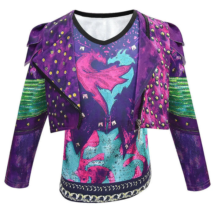 Fantasia Infantil Vilã Fashion Roxa Encantada com jaqueta, camiseta, calça e luvas em poliéster e malha, perfeita para festas e brincadeiras criativas.