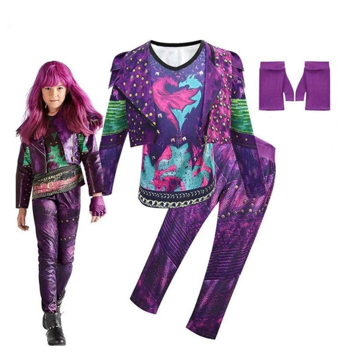 Fantasia Infantil Vilã Fashion Roxa Encantada com jaqueta, camiseta, calça e luvas em poliéster e malha, perfeita para festas e brincadeiras criativas.