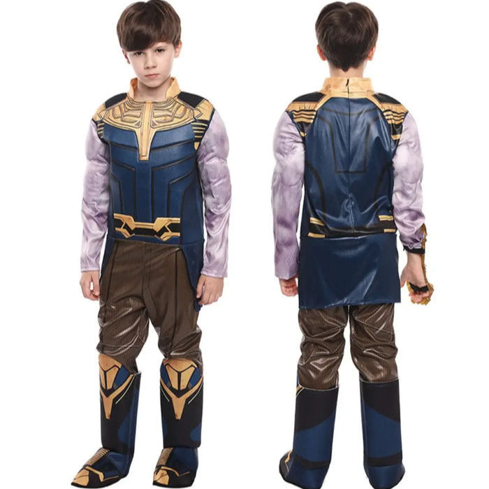 Fantasia Infantil Vilão Roxo do Infinito com roupa, máscara e luva em algodão, perfeita para festas, brincadeiras e aventuras cheias de imaginação.