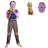 Fantasia Infantil Vilão Roxo do Infinito com roupa, máscara e luva em algodão, perfeita para festas, brincadeiras e aventuras cheias de imaginação.