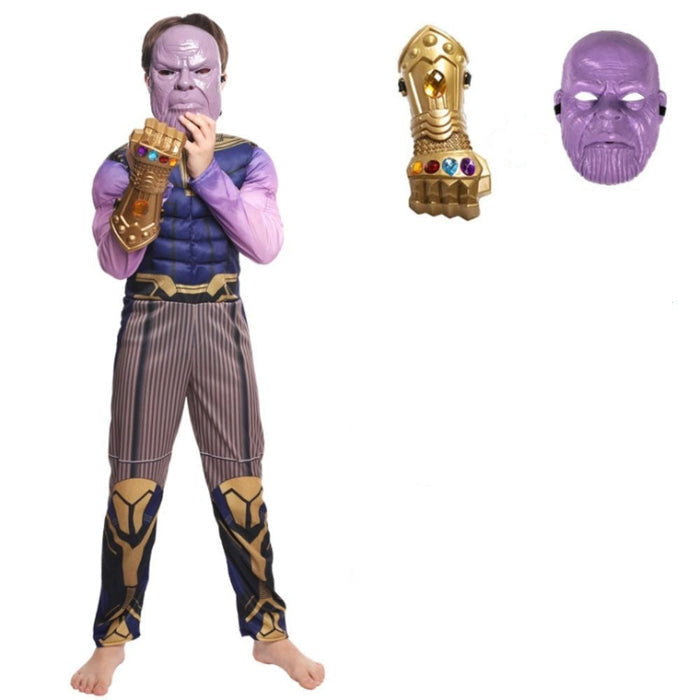 Fantasia Infantil Vilão Roxo do Infinito com roupa, máscara e luva em algodão, perfeita para festas, brincadeiras e aventuras cheias de imaginação.
