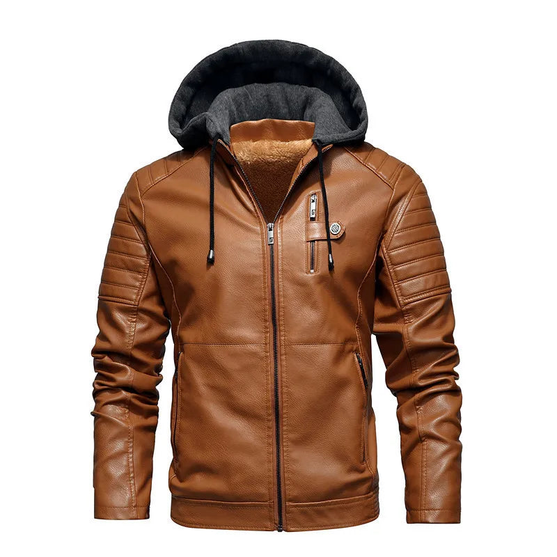 Jaqueta de Couro com Capuz Romenzi RZ155 com couro de alta qualidade, interior de veludo e capuz para funcionalidade e elegância refinada.