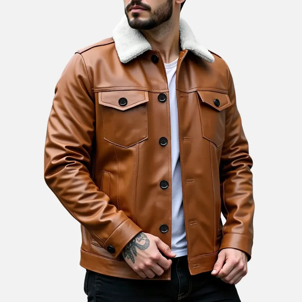 aqueta de Couro Masculina Romenzi RZ027 com design moderno e gola de pelo sintético, ideal para estilo e conforto em dias frios.