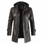 Jaqueta Longa de Couro com Capuz Masculina Romenzi RZ152 em couro premium, com costuras reforçadas e capuz removível para um visual elegante e funcional.