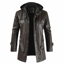 Jaqueta Longa de Couro com Capuz Masculina Romenzi RZ152 em couro premium, com costuras reforçadas e capuz removível para um visual elegante e funcional.