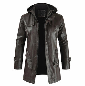 Jaqueta Longa de Couro com Capuz Masculina Romenzi RZ152 em couro premium, com costuras reforçadas e capuz removível para um visual elegante e funcional.