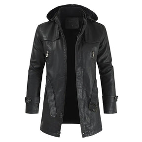 Jaqueta Longa de Couro com Capuz Masculina Romenzi RZ152 em couro premium, com costuras reforçadas e capuz removível para um visual elegante e funcional.