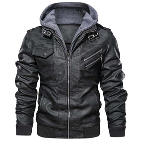 Jaqueta Masculina de Couro Original Romenzi RZ125 em couro genuíno com capuz removível, design elegante e qualidade premium, perfeita para conforto e estilo.
