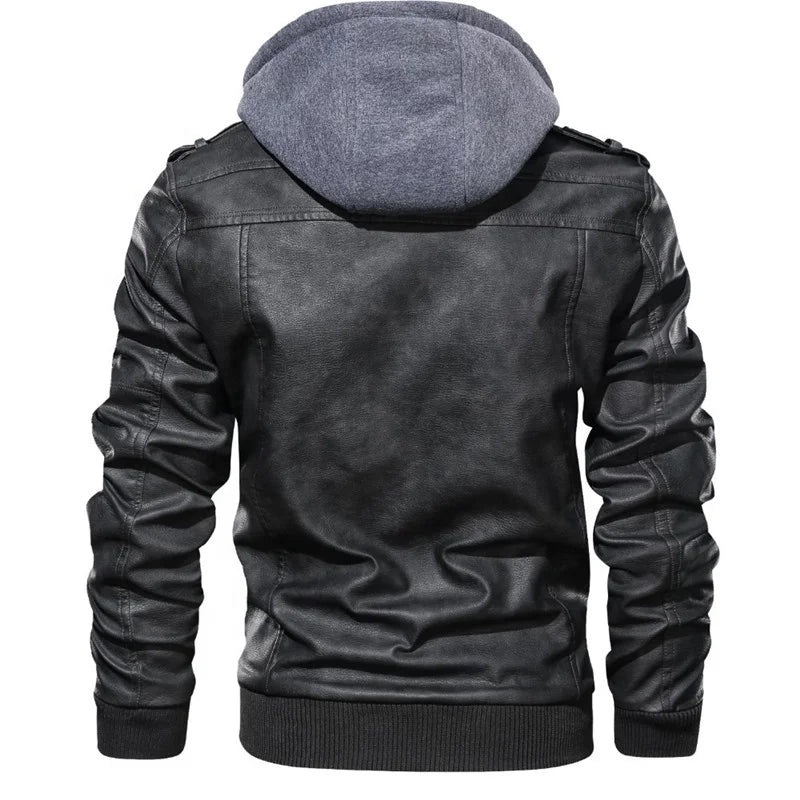 Jaqueta Masculina de Couro Original Romenzi RZ125 em couro genuíno com capuz removível, design elegante e qualidade premium, perfeita para conforto e estilo.