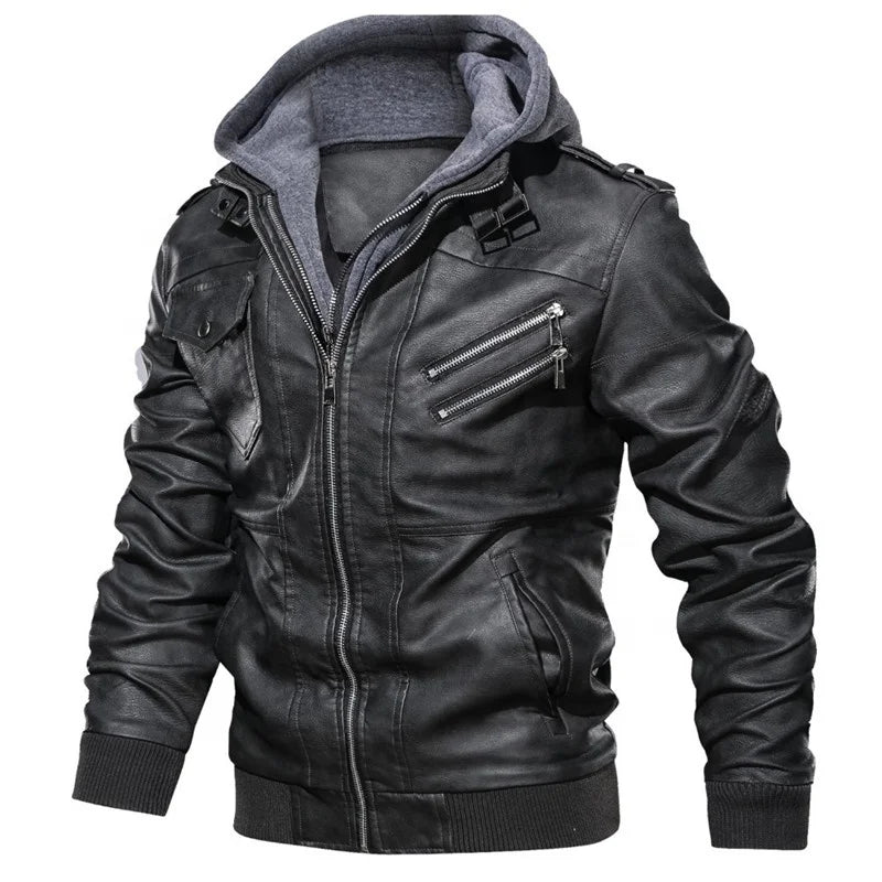 Jaqueta Masculina de Couro Original Romenzi RZ125 em couro genuíno com capuz removível, design elegante e qualidade premium, perfeita para conforto e estilo.