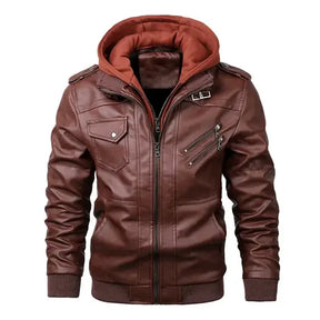 Jaqueta Masculina de Couro Original Romenzi RZ125 em couro genuíno com capuz removível, design elegante e qualidade premium, perfeita para conforto e estilo.