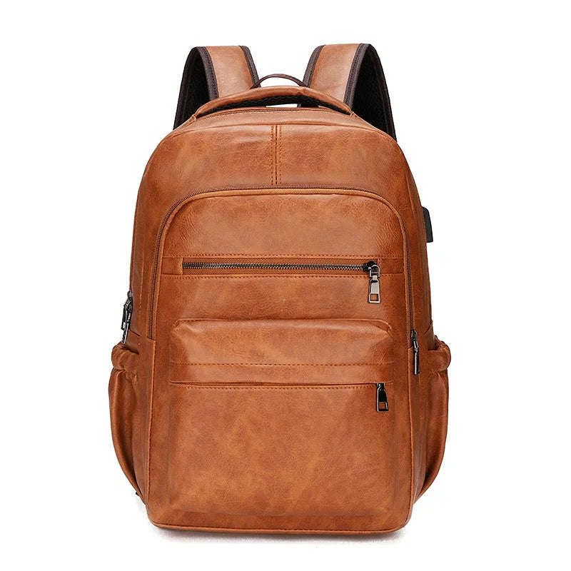 Mochila de Couro Masculina Romenzi RZ072 com resistência à água, porta USB, alças ergonômicas e compartimentos para notebook e tablet