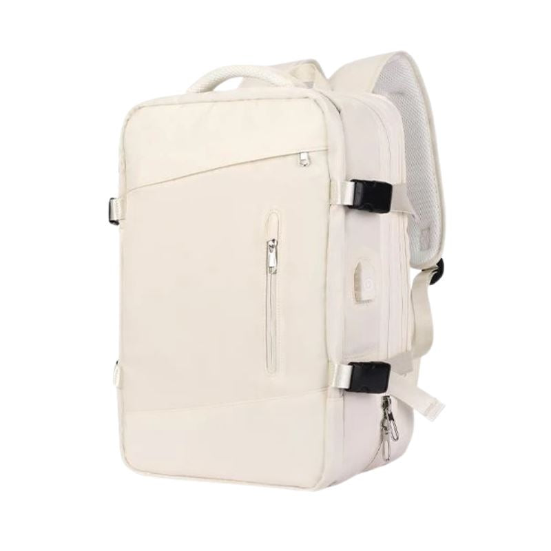 Mochila de Viagem Moderna Romenzi RZ960 em detalhe, modelo expansível em nylon resistente com USB embutido e compartimentos organizados.