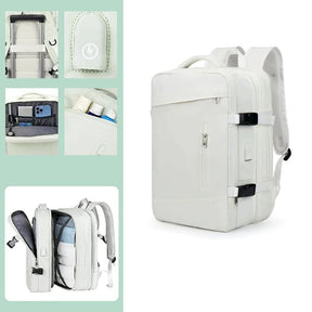 Mochila de Viagem Moderna Romenzi RZ960 em detalhe, modelo expansível em nylon resistente com USB embutido e compartimentos organizados.