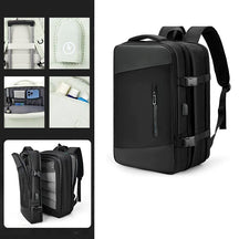 Mochila de Viagem Moderna Romenzi RZ960 em detalhe, modelo expansível em nylon resistente com USB embutido e compartimentos organizados.