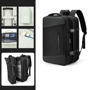 Mochila de Viagem Moderna Romenzi RZ960 em detalhe, modelo expansível em nylon resistente com USB embutido e compartimentos organizados.