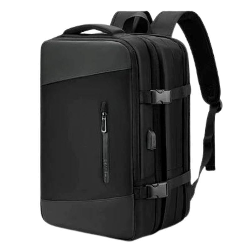 Mochila de Viagem Moderna Romenzi RZ960 em detalhe, modelo expansível em nylon resistente com USB embutido e compartimentos organizados.