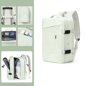 Mochila de Viagem Moderna Romenzi RZ960 em detalhe, modelo expansível em nylon resistente com USB embutido e compartimentos organizados.