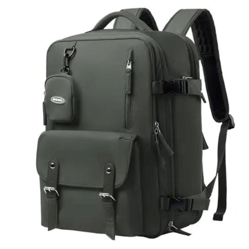 Mochila de Viagem Multicompartimentos Romenzi RZ959 em detalhe, peça moderna e impermeável em Oxford premium com compartimentos inteligentes e ergonômicos.