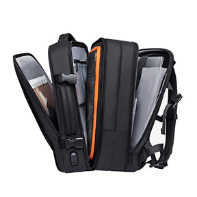 Mochila de Viagem Premiere Romenzi RZ964 em detalhe, modelo expansível impermeável com USB e compartimento acolchoado para notebook 17'.