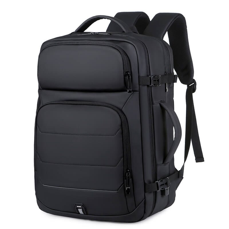 Mochila de Viagem Romenzi RZ950 em detalhe, modelo expansível e impermeável com compartimento para laptop 17' e design ergonômico moderno.