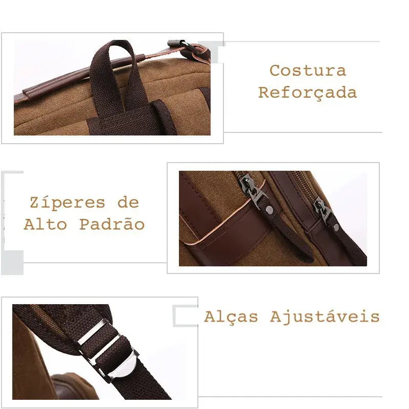 Mochila Executiva de Lona com detalhes em Couro Romenzi RZ069, prática e elegante, ideal para notebooks e itens essenciais.