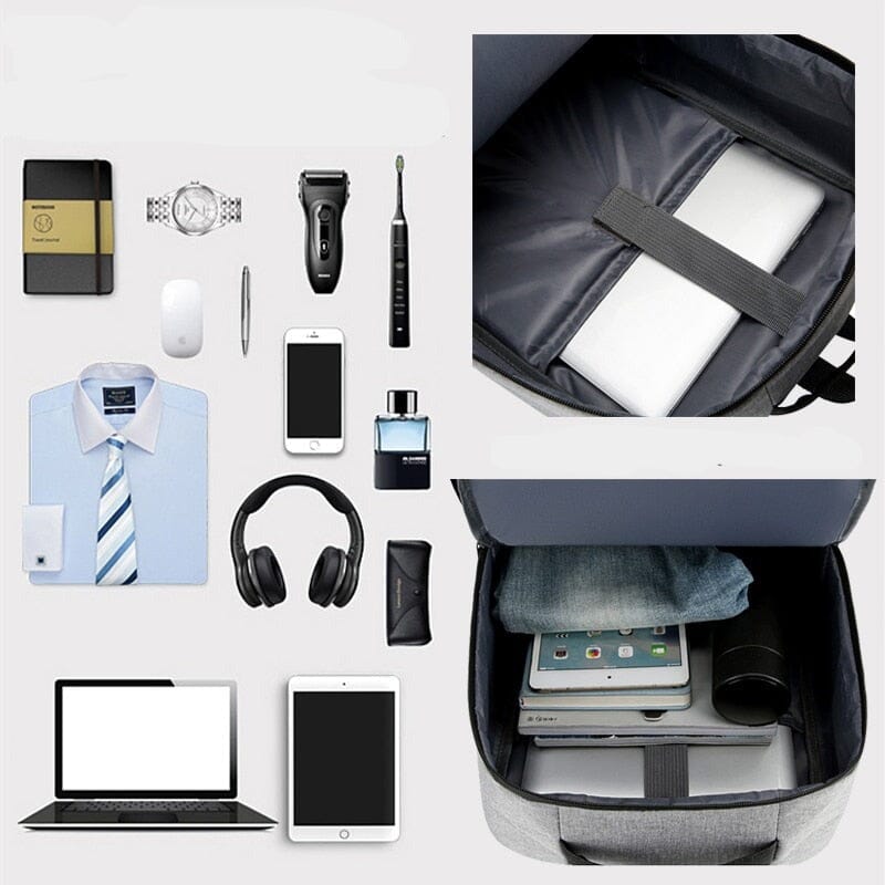 Mochila Executiva Improve Romenzi RZ963 em detalhe, peça moderna em Oxford impermeável, com porta USB e espaço para notebook 15' e tablet.