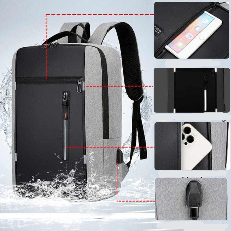 Mochila Executiva Improve Romenzi RZ963 em detalhe, peça moderna em Oxford impermeável, com porta USB e espaço para notebook 15' e tablet.