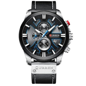 Relógio Masculino CURREN Magneto Romenzi RZ533 em couro e aço inox, com cronógrafo, calendário, ponteiros luminosos e resistência à água até 30 metros.