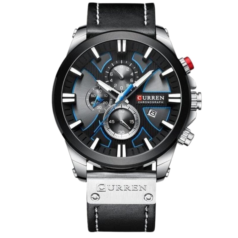 Relógio Masculino CURREN Magneto Romenzi RZ533 em couro e aço inox, com cronógrafo, calendário, ponteiros luminosos e resistência à água até 30 metros.