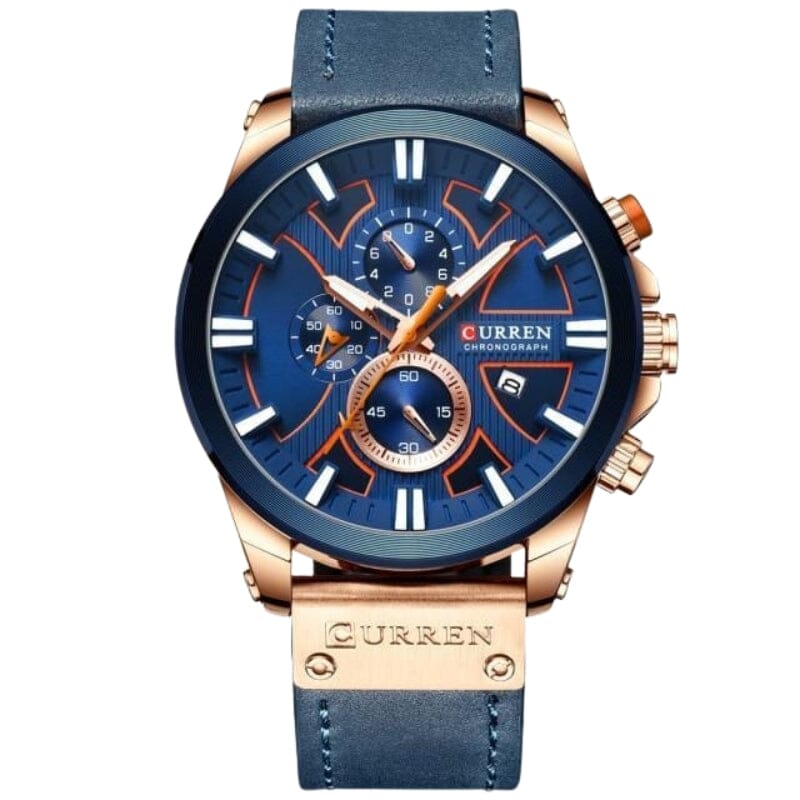Relógio Masculino CURREN Magneto Romenzi RZ533 em couro e aço inox, com cronógrafo, calendário, ponteiros luminosos e resistência à água até 30 metros.