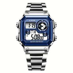 Relógio Masculino Digital Esportivo Lige Romenzi RZ536 com pulseira em aço inox, visor digital moderno, funções práticas e design elegante para todas ocasiões.