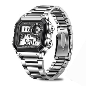 Relógio Masculino Digital Esportivo Lige Romenzi RZ536 com pulseira em aço inox, visor digital moderno, funções práticas e design elegante para todas ocasiões.