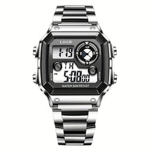 Relógio Masculino Digital Esportivo Lige Romenzi RZ536 com pulseira em aço inox, visor digital moderno, funções práticas e design elegante para todas ocasiões.