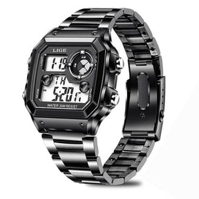 Relógio Masculino Digital Esportivo Lige Romenzi RZ536 com pulseira em aço inox, visor digital moderno, funções práticas e design elegante para todas ocasiões.