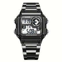 Relógio Masculino Digital Esportivo Lige Romenzi RZ536 com pulseira em aço inox, visor digital moderno, funções práticas e design elegante para todas ocasiões.