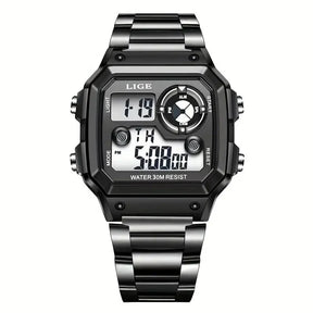 Relógio Masculino Digital Esportivo Lige Romenzi RZ536 com pulseira em aço inox, visor digital moderno, funções práticas e design elegante para todas ocasiões.