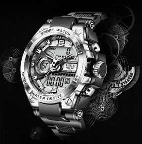 Relógio Masculino LIGE Sport Romenzi RZ529 com design esportivo moderno, pulseira em aço, cronógrafo funcional, iluminação noturna e resistência à água.