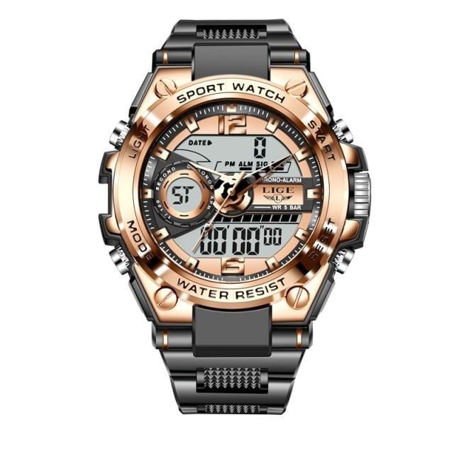 Relógio Masculino LIGE Sport Romenzi RZ529 com design esportivo moderno, pulseira em aço, cronógrafo funcional, iluminação noturna e resistência à água.