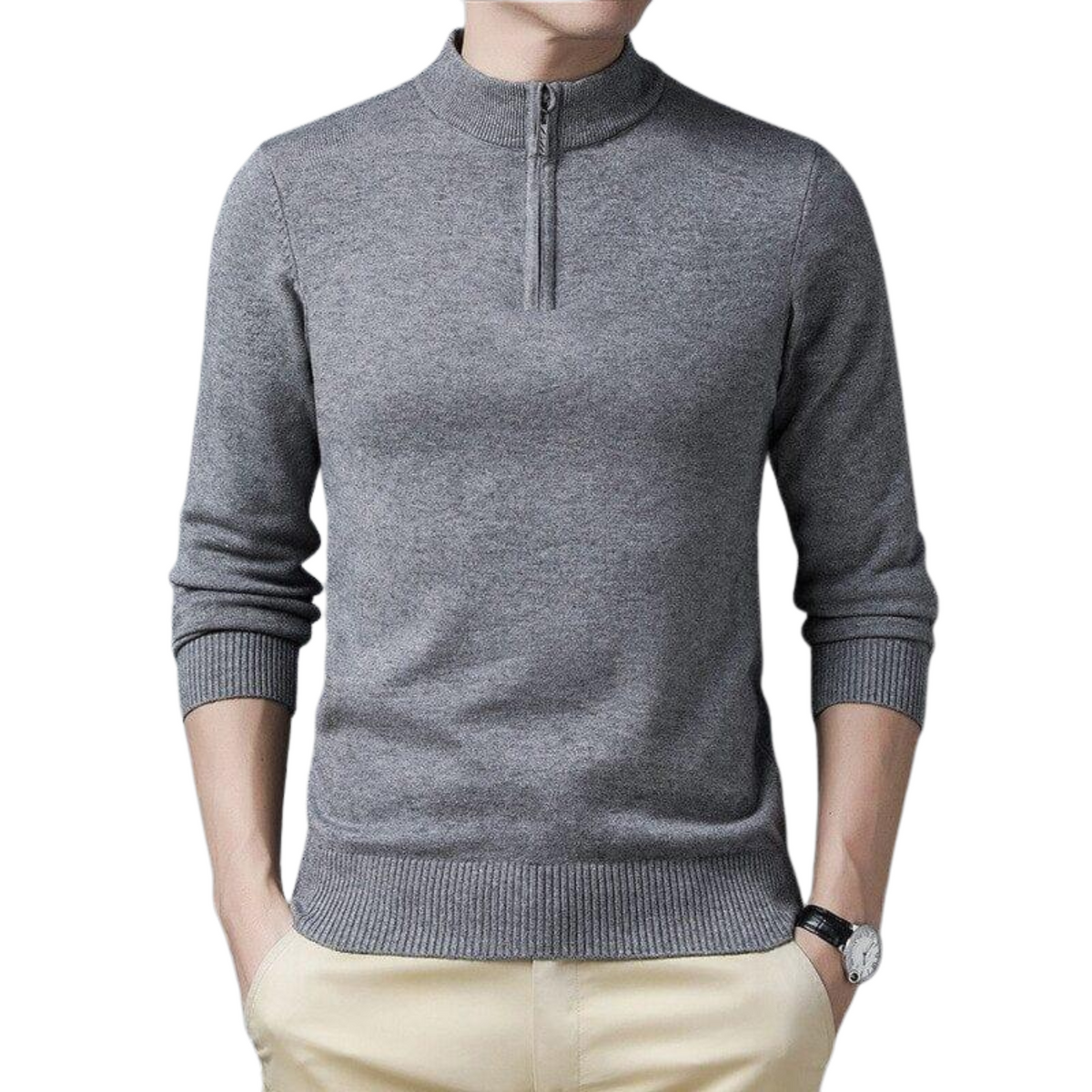 Suéter Masculino Brava Romenzi RZ750 em detalhe, peça com gola alta e zíper que oferece conforto, versatilidade e estilo sofisticado em qualquer ocasião.