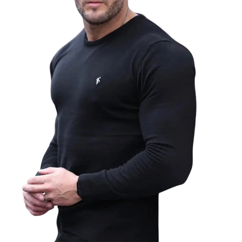 Suéter Masculino Romenzi RZ047 em lã superfina, com design minimalista e logotipo bordado no peito, ideal para um estilo sofisticado.